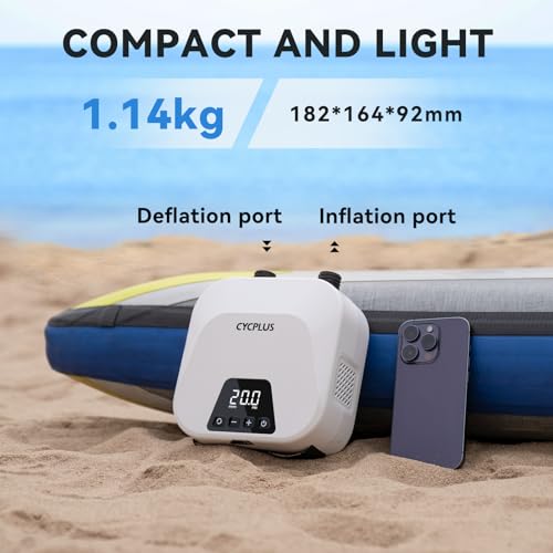 CYCPLUS 20PSI High Pressure Smart SUP Air Pump, Rechargeable Battery-powered, Intelligent Dual Stage Inflation & Deflation, Auto-Off Air Pump for Stand Up Paddle Boards,Surfing Kite, Tent, Mattress