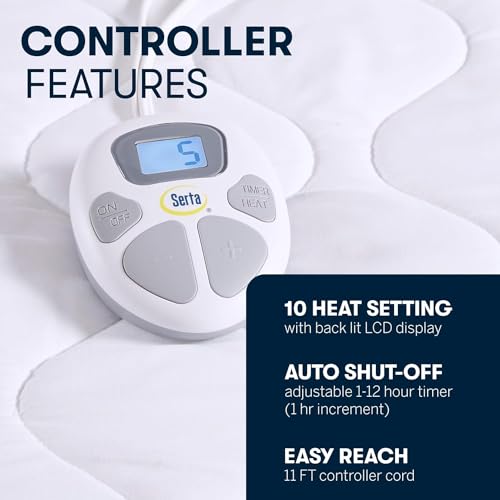 Serta Heated Mattress Pad Full Size - Electric Mattress Pad, 10 Heat Setting Controller, Auto Shut Off Timer, Deep Elastic Pocket, Up to 17" Mattress, ETL Certified, Machine Wash, Full, White