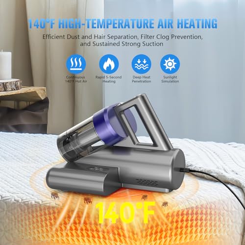 Mattress Vacuum Bed Vacuum Cleaner with UV-C Light,16Kpa Suction 500W Powerful and Double-Cup,Handheld Vacuums with Heating & Ultrasonic & Anion & Aromatherapy for Bed Dust Pet Hair(Corded,Purple)