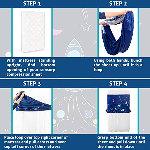 Sensory Compression Sheet for Kids, Twin Size Stretchy Bed Sheet with Breathable Fabric, A Smart Weighted Blanket Alternative, Mattress Fitted Bedding, Dream Rocket Ship Design