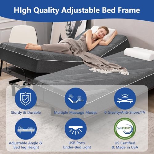 Vipbear Split King Adjustable Bed Base with Mattress, 14 Inch Gel Memory Foam Medium-Firm Mattress in Box, Adjustable Bed Frame, Wireless Remote, Massage, Easy Assembly, Electric Smart Bed, Grey