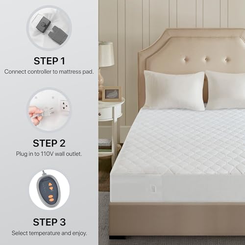 Beautyrest Cotton Blend Heated Mattress Pad Secure Comfort Technology - Luxury Quilted Electric Mattress Pad with Deep Pocket - 5-Setting Heat Controllers, Queen, White