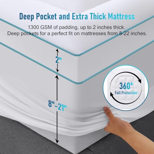 Extra Thick Mattress Topper Queen Size, Cooling Pillow top Mattress Pads Cover for Ultimate Comfort, Overfilled 1300 GSM Down Alternative Filling with 8-21 Inch Deep Pocket (60x80 in,White)