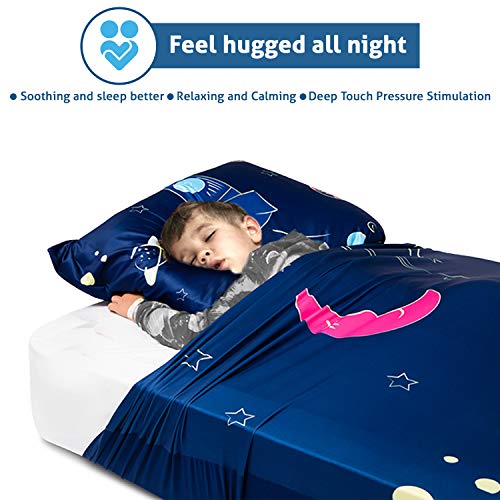Sensory Compression Sheet for Kids, Twin Size Stretchy Bed Sheet with Breathable Fabric, A Smart Weighted Blanket Alternative, Mattress Fitted Bedding, Dream Rocket Ship Design