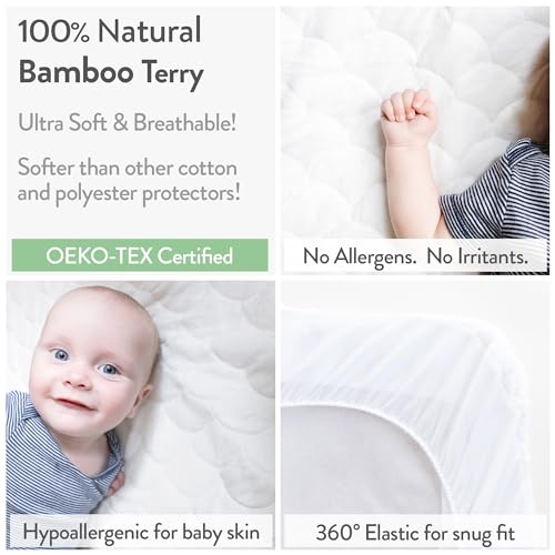 Joey + Joan Waterproof Bassinet Mattress Pad Cover Compatible with SNOO Smart Bassinet – 2 Pack Quilted Mattress Protector Made from Ultra Soft Bamboo Viscose Terry – 15" x 31"