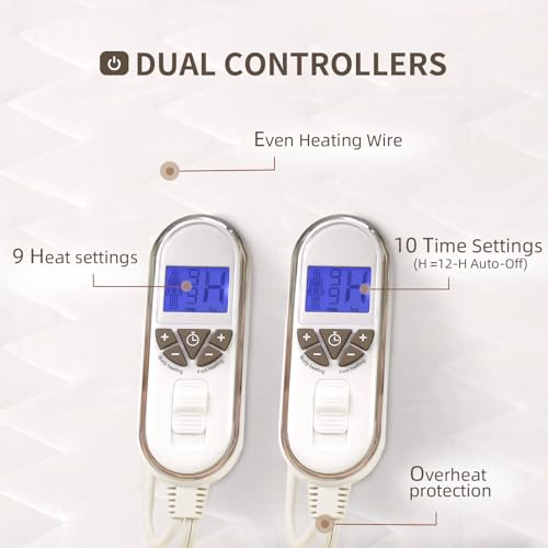 Bwarm Premium Multi-Zone Electric Heated Mattress Pad Queen Size, 60" x 80", Dual Controllers, 9 Heat Settings, 1-12 Hours Auto Off, Individual Body and Feet Settings, Machine Washable