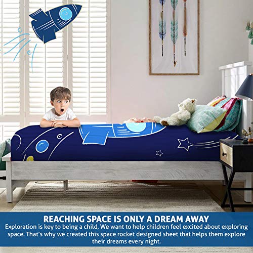Sensory Compression Sheet for Kids, Twin Size Stretchy Bed Sheet with Breathable Fabric, A Smart Weighted Blanket Alternative, Mattress Fitted Bedding, Dream Rocket Ship Design
