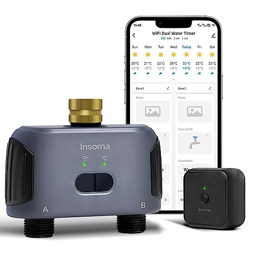 Insoma WiFi Hose Timer with Brass Swivel, 2 Zones Smart Water Timer for Garden Hose Faucet, Sprinkler Timer with WiFi Hub, Up to 20 Watering Plans, APP Control, Work with Alexa and Google Assistant