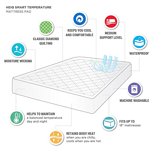 Sleep Philosophy HeiQ Temperature Regulating Mattress Pad, Waterproof Bedding Diamond Quilted Design, Thermoregulation Bed Cover, All Around Elastic Deep Pocket, Machine Washable Queen White