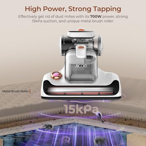JIGOO Mattress Vacuum Cleaner with UV-C Light, 15Kpa Suction 700W Powerful Double-Cup Handheld Vacuums, Bed Vacuum Cleaner with Smart Dust Sensor, Ultrasonic & Heating Tech, HEPA Filter, T600, White