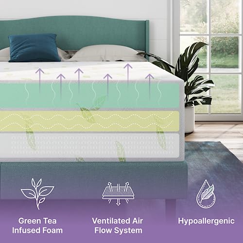 NapQueen Full Size Mattress, 10 Inch Anula Green Tea Infused Memory Foam Mattress, Full Size Mattress Bed in a Box, CertiPUR-US Certified Mattress