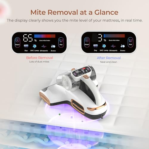 JIGOO Mattress Vacuum Cleaner with UV-C Light, 15Kpa Suction 700W Powerful Double-Cup Handheld Vacuums, Bed Vacuum Cleaner with Smart Dust Sensor, Ultrasonic & Heating Tech, HEPA Filter, T600, White