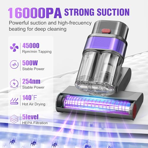 Mattress Vacuum Cleaner with Dust Smart Sensor, 16Kpa Suction Bed Vacuum Cleaner with UV Light& High Heating, 500W & 45000Rpm Rotation 55000Hz Ultrasonic High Frequency Tapping Handheld Vacuums