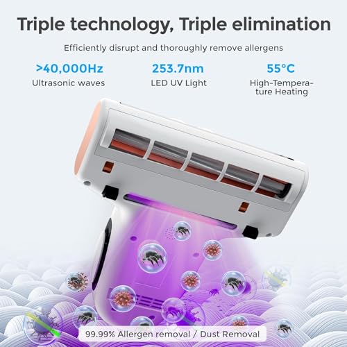 JIGOO Mattress Vacuum Cleaner with Dust Sensor, Anti-allergen Bed Vacuum Cleaner with UV & Ultrasonic and High Heating, 13Kpa Suction 500W Powerful Double-Cup Handheld Vacuums (J300,Corded)