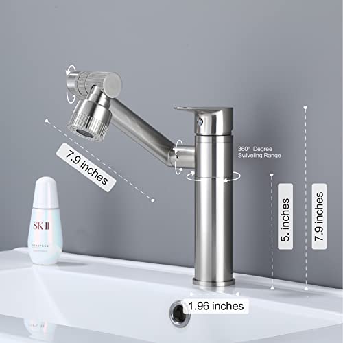 HUAHUALALA 1080 Degree Swivel Faucet for Bathroom Sink,Kitchen Faucet with Big Angle Rotate Spray Dual Function,Single Handle Vanity Faucet with Deck Plate,Lavatory Faucet,1 or 3 Hole Brushed Nickel