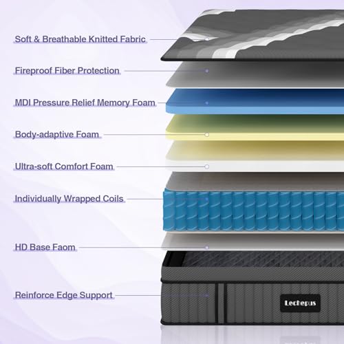 Lechepus King Mattress, 14Inch Plush Soft Memory Foam Hybrid Mattress, King Size Memory Foam with Pocket Spring Mattresses, Supportive Mattress in Box for Pressure Relief, CertiPUR-US, 10 Years