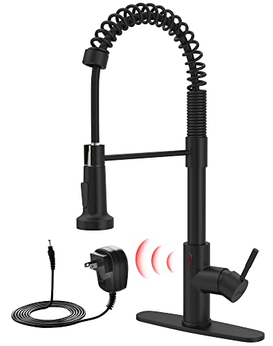 GIMILI Black Touchless Kitchen Faucet with AC Adapter, Smart Motion Sensor Hands Free Single Handle Kitchen Sink Faucet with Pull Down Sprayer, Matte Black