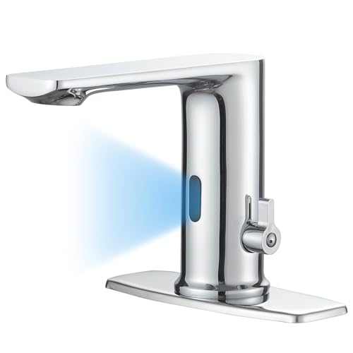 Bathfinesse Touchless Bathroom Sink Faucet, Single Handle Temperature Adjustment, Hands-Free Commercial Motion Sensor Faucet, Electronic Infrared Smart, Solid Brass, Polishe Chrome
