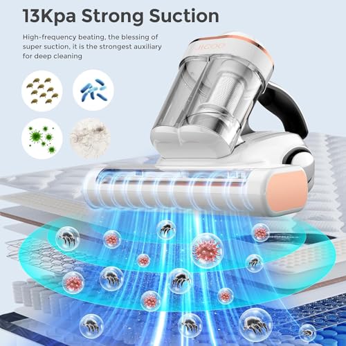 JIGOO Mattress Vacuum Cleaner with Dust Sensor, Anti-allergen Bed Vacuum Cleaner with UV & Ultrasonic and High Heating, 13Kpa Suction 500W Powerful Double-Cup Handheld Vacuums (J300,Corded)
