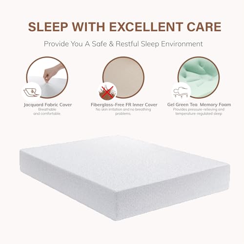EGOHOME 10 Inch Full Size Mattress, Cooling Gel Memory Foam Mattress,Green Tea Mattress, Mattress in a Box, Pressure Relieving, CertiPUR-US Certified, Fiberglass Free Mattress