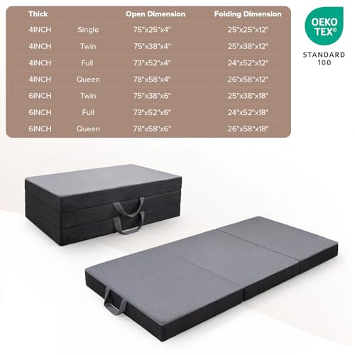 Vamcheer Tri Folding Mattress Full Size - 4 Inch Foldable Mattress for Travel/RV/Camping/Guest Room/Yoga, Tri-fold Memory Foam Mattress with Washable Cover, Handle & Non-Slip Bottom, 73"x52"x4"