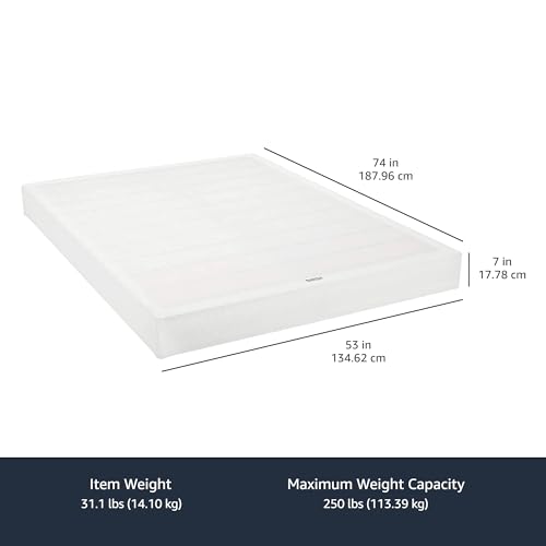 Amazon Basics Smart Box Spring Bed Base, Extra Firm Memory Foam Mattress Foundation, Tool-Free Easy Assembly, Full, White, 74 x 53 x 7 inches