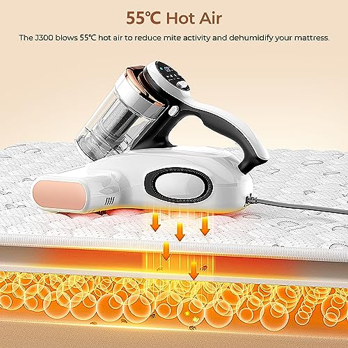 JIGOO Mattress Vacuum Cleaner with Dust Sensor, Anti-allergen Bed Vacuum Cleaner with UV & Ultrasonic and High Heating, 13Kpa Suction 500W Powerful Double-Cup Handheld Vacuums (J300,Corded)