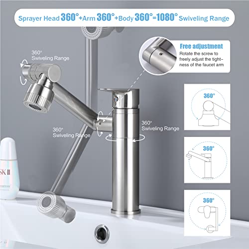 HUAHUALALA 1080 Degree Swivel Faucet for Bathroom Sink,Kitchen Faucet with Big Angle Rotate Spray Dual Function,Single Handle Vanity Faucet with Deck Plate,Lavatory Faucet,1 or 3 Hole Brushed Nickel