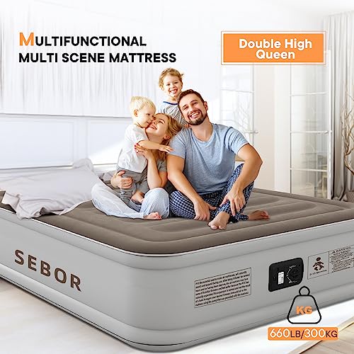 Sebor Luxury Queen Air Mattress with Built in Pump, Durable Blow Up Mattress for Home&Guests, 18 inch Inflatable Airbed, 660lb MAX