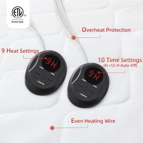 Bwarm Premium Quilted Heated Mattress Pad Queen Size, 60" x 80" Bed Warmer, 9 Heat Settings, 1-12 Hours Auto Off, Soft and Cozy, Deep Pocket, Fast Heating, Machine Washable