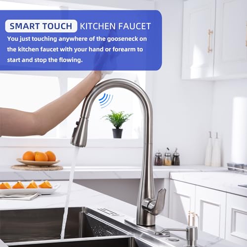HGHGK Touch on Kitchen Faucet with Soap Dispenser and Pull Down Sprayer - Single Handle Kitchen Sink Faucet, 1 or 3 Hole Design for Modern Farmhouse Kitchens, Rv, and Bar Sinks(Brushed Nickel)