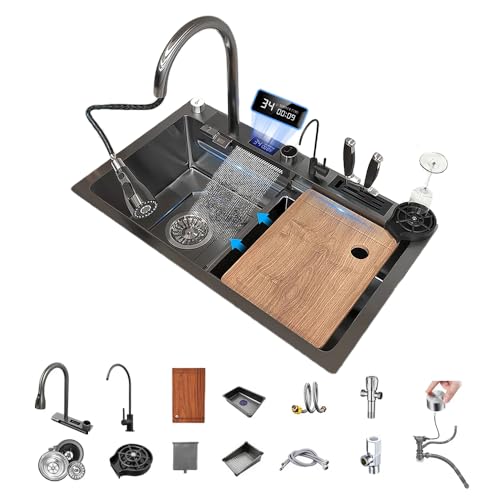 FVVJVV Digital Display Waterfall Sink Single Bowl kitchen Sinks, Stainless Steel Bar Sink With Pull Down Sprayhead Faucet, Smart Modern Kitchen Sink With Full Set Of Accessories (29.5 x 17.7inch)