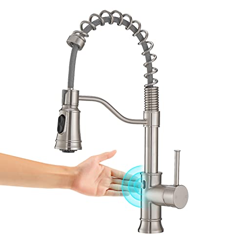 Brushed Nickel Touchless Kitchen Faucet - WOJIUBUXIN Motion Sensor Smart Kitchen Faucet with Pull Down Sprayer Single Handle Hands-Free Commercial Faucet for Kitchen Sink