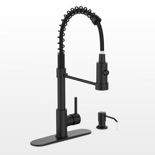 Casavilla Black Kitchen Faucet with Soap Dispenser, Kitchen Faucets with Pull Down Sprayer and Deck Plate, Single Handle Spring Faucet for Camper Farmhouse RV Sink, 4 Hole Kitchen Faucet with Sprayer
