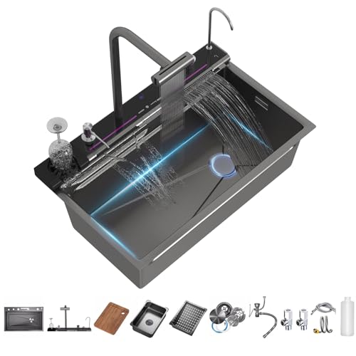 SDGRP Smart Kitchen Sink 304 Stainless Steel Honeycomb Single Bowl Kitchen Sinks，Digital Display Double Waterfall Sink，With Pull-out Swivel Faucet，With Pressurized Cup Washer (29.5 x 18.1 inch)
