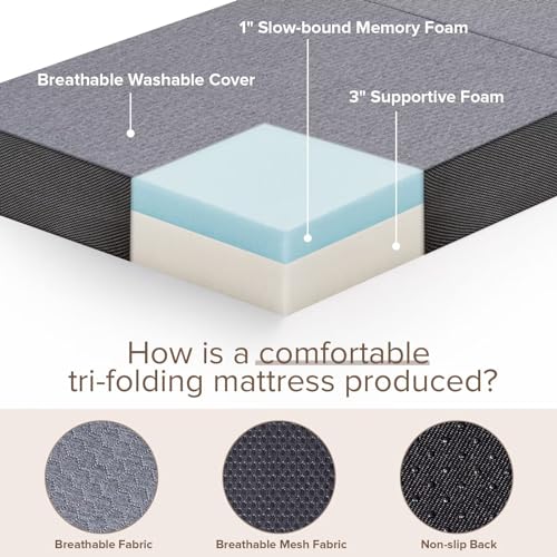 Vamcheer Tri Folding Mattress Full Size - 4 Inch Foldable Mattress for Travel/RV/Camping/Guest Room/Yoga, Tri-fold Memory Foam Mattress with Washable Cover, Handle & Non-Slip Bottom, 73"x52"x4"