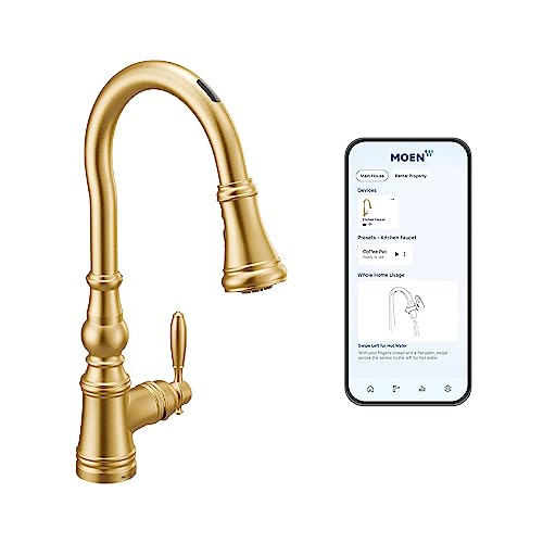 Moen Weymouth Brushed Gold Smart Faucet Touchless Pull-Down Sprayer Kitchen Faucet with Voice and Motion Control, S73004EV2BG