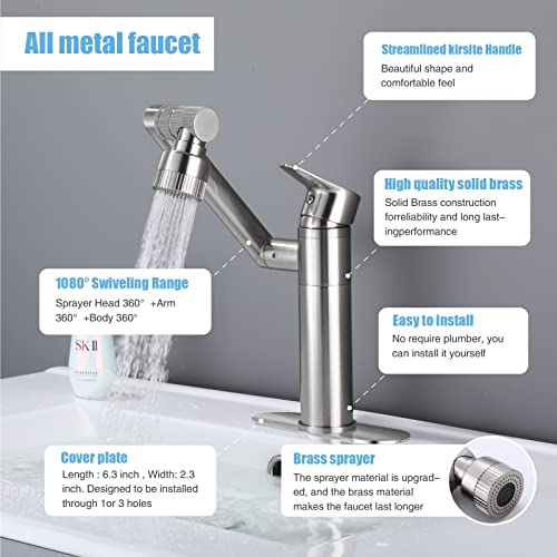 HUAHUALALA 1080 Degree Swivel Faucet for Bathroom Sink,Kitchen Faucet with Big Angle Rotate Spray Dual Function,Single Handle Vanity Faucet with Deck Plate,Lavatory Faucet,1 or 3 Hole Brushed Nickel