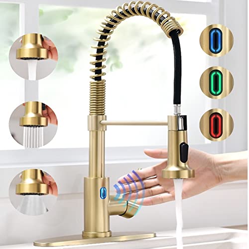 VIDEC Touch-less Kitchen Faucet, 3 Modes Pull Down Sprayer, LED Temperature Control, Ceramic Valve, 360-Degree Rotation, 1 or 3 hole deck Plate. (KW-79J, Brushed Gold, 18.89 Inches)
