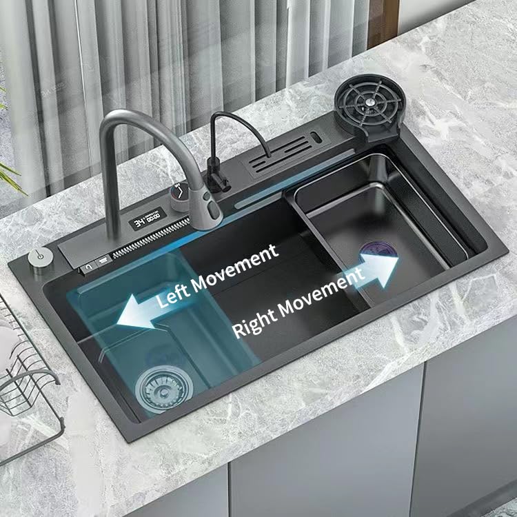 FVVJVV Digital Display Waterfall Sink Single Bowl kitchen Sinks, Stainless Steel Bar Sink With Pull Down Sprayhead Faucet, Smart Modern Kitchen Sink With Full Set Of Accessories (29.5 x 17.7inch)