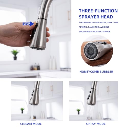 HGHGK Touch on Kitchen Faucet with Soap Dispenser and Pull Down Sprayer - Single Handle Kitchen Sink Faucet, 1 or 3 Hole Design for Modern Farmhouse Kitchens, Rv, and Bar Sinks(Brushed Nickel)