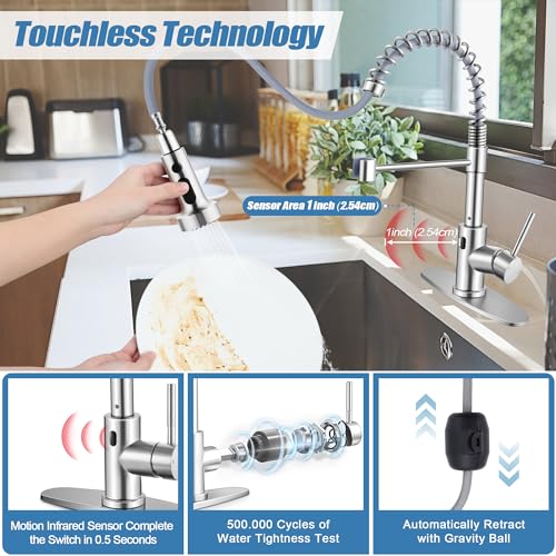 Homikit Touchless Kitchen Sink Faucet with Pull Down Sprayer, Automatic Motion Sensor Smart Faucet, Brushed Nickel Single Handle Spring Kitchen Faucets for Vanity Farmhouse RV, Stainless Steel