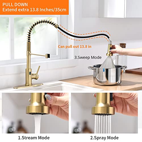 VIDEC Touch-less Kitchen Faucet, 3 Modes Pull Down Sprayer, LED Temperature Control, Ceramic Valve, 360-Degree Rotation, 1 or 3 hole deck Plate. (KW-79J, Brushed Gold, 18.89 Inches)