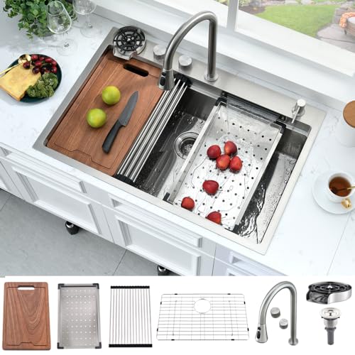 33 Inch Waterfall Drop In Kitchen Sink Workstation-Bokaiya 33x19 Drop In Kitchen Sink with Waterfall Stainless Steel Sink 16 Guage Multifunction Single Bowl Smart Kitchen Sink with Faucet