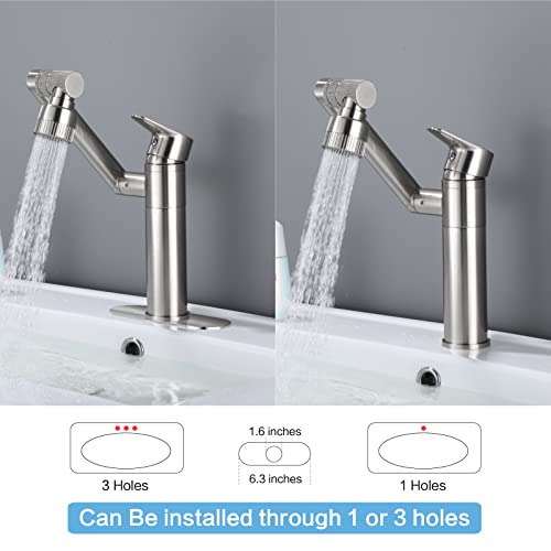 HUAHUALALA 1080 Degree Swivel Faucet for Bathroom Sink,Kitchen Faucet with Big Angle Rotate Spray Dual Function,Single Handle Vanity Faucet with Deck Plate,Lavatory Faucet,1 or 3 Hole Brushed Nickel
