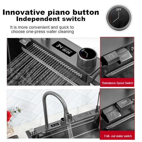 FVVJVV Digital Display Waterfall Sink Single Bowl kitchen Sinks, Stainless Steel Bar Sink With Pull Down Sprayhead Faucet, Smart Modern Kitchen Sink With Full Set Of Accessories (29.5 x 17.7inch)