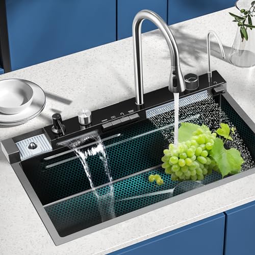 31.5"Kitchen Sink Waterfall, Upgraded Smart Kitchen Sink with Digital Display, Nano 304 Stainless Steel Kitchen Sink with Flying Rain Pull-Out Faucet and Cup Washer(31.5 * 18.1 * 8.07 inch)