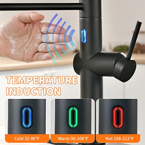 OWOFAN Touchless Kitchen Faucet with Pull Down Sprayer LED Light Single Handle Kitchen Sink Faucet Motion Sensor Smart Hands-Free, Stainless Steel Black 1075R
