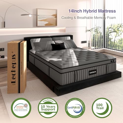Lechepus King Mattress, 14Inch Plush Soft Memory Foam Hybrid Mattress, King Size Memory Foam with Pocket Spring Mattresses, Supportive Mattress in Box for Pressure Relief, CertiPUR-US, 10 Years