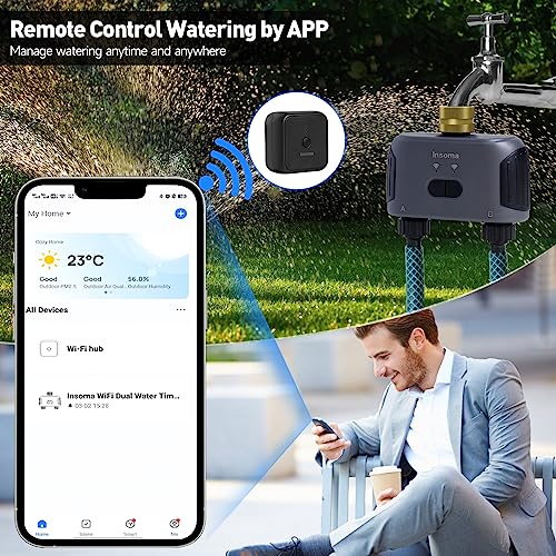 Insoma WiFi Hose Timer with Brass Swivel, 2 Zones Smart Water Timer for Garden Hose Faucet, Sprinkler Timer with WiFi Hub, Up to 20 Watering Plans, APP Control, Work with Alexa and Google Assistant